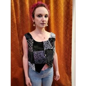 Vintage Velvet Patchwork Vest Crop Top (Jet Rag) with Velcro buttons